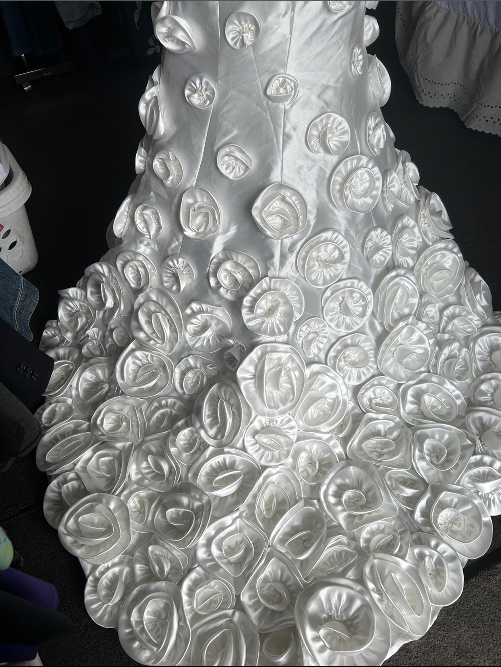 Azazie White Satin Floral Rosette Wedding Gown